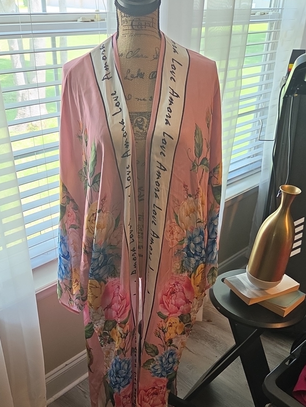 Aratta - Future Release - Floral Pink Maxi Kimono Robe with 'Amora Love' Trim